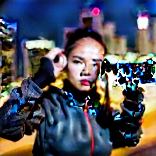 Image similar to photographic portrait of a techwear woman holding a Glock 18, closeup, on the rooftop of a futuristic city at night, sigma 85mm f/1.4, 4k, depth of field, high resolution, 4k, 8k, hd, full color