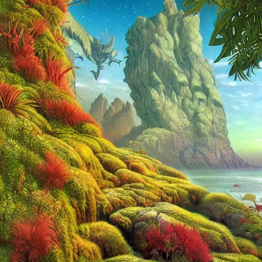 Image similar to digital painting of a lush natural scene on an alien planet by gerald brom. digital render. detailed. beautiful landscape. colourful weird vegetation. cliffs and water.