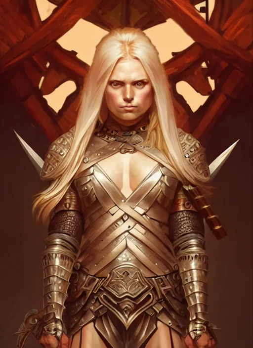 Image similar to symmetry! portrait of barbarian, short blond hair, d & d, muscular!! angry, armour, fantasy, intricate, elegant, highly detailed, digital painting, artstation, concept art, smooth, sharp focus, illustration, art by artgerm and greg rutkowski and alphonse mucha