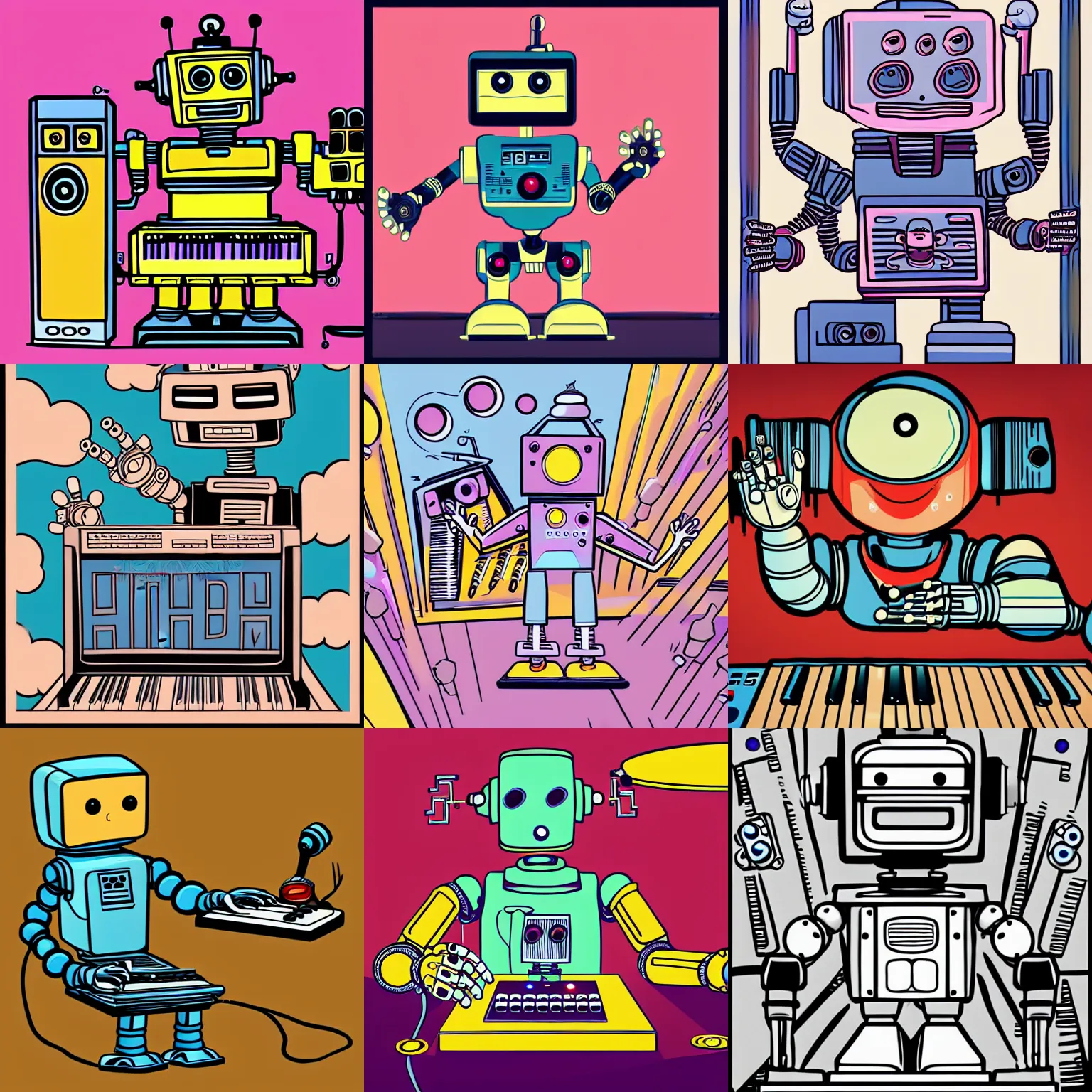 Image similar to a robot playing a synthesizer in the style of old cartoons, character, toon, illustration, vintage, detailed, high definition