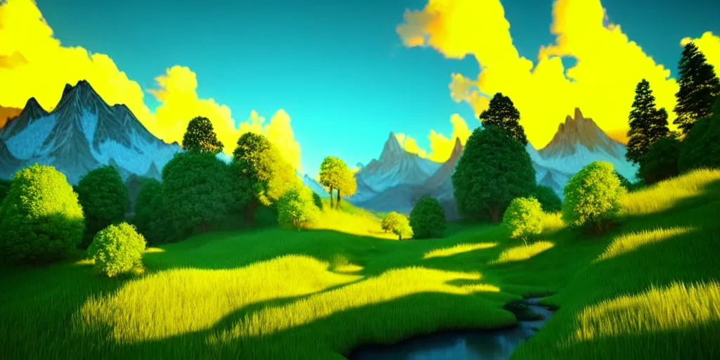 Image similar to a beautiful 3 d fantasy landscape art, orange clouds in the blue sky and green trees, snowy mountains, 3 d art in bob ross style, unreal engine 5, hyper realism