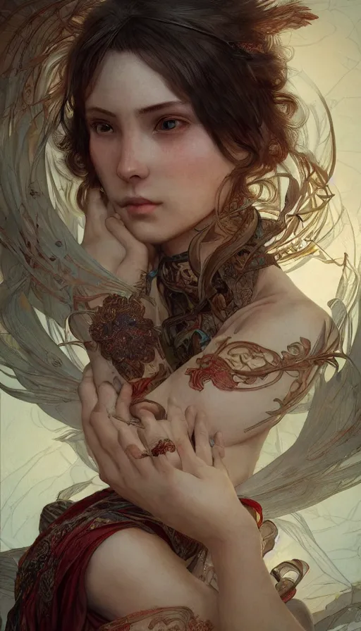 Image similar to pillow book, writing on skin, insane, intricate, highly detailed, digital painting, artstation, concept art, smooth, sharp focus, illustration, Unreal Engine 5, 8K, art by artgerm and greg rutkowski and alphonse mucha