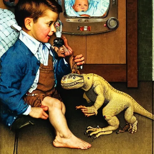 Image similar to a Norman Rockwell painting of a boy and his baby t-rex