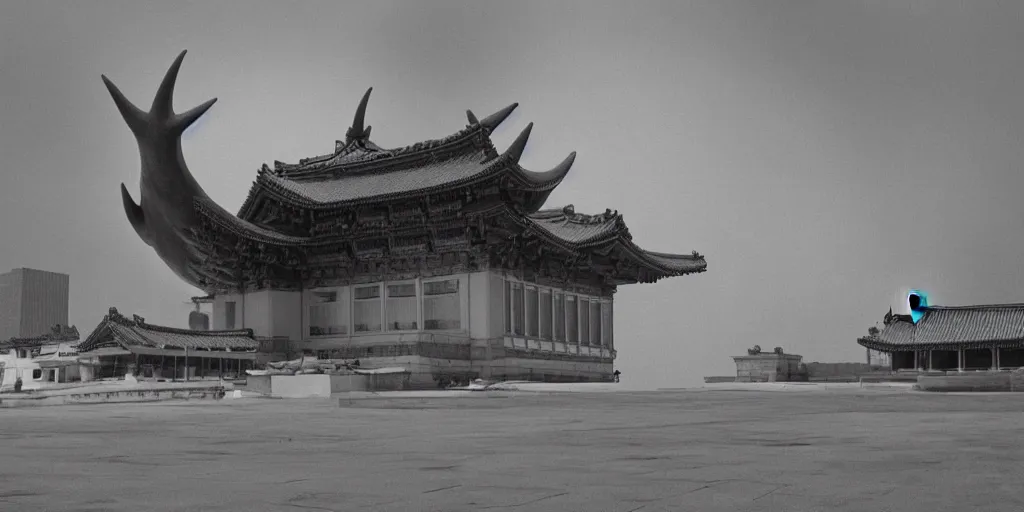 Image similar to light coming out of one bull - like kaiju starfish monster, korean film noir, korean traditional palace, pyongyang city, 1 9 6 0 s, red color bleed, 4 k, video compression, video glitch, monochrome, akira kurosawa