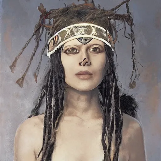 Image similar to A young blindfolded shaman woman with a decorated headband, in the style of heilung, blue hair dreadlocks and wood on her head., made by karol bak