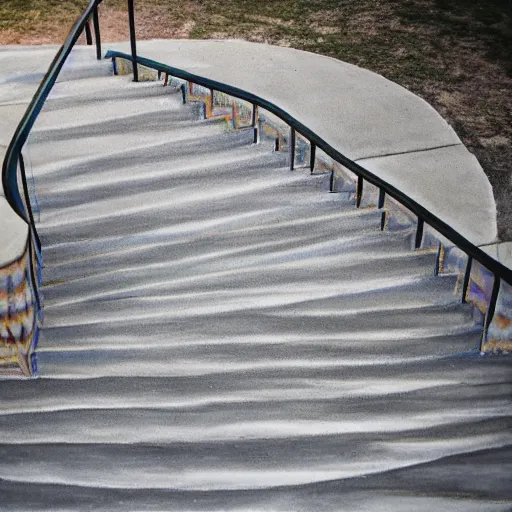 Prompt: a sidewalk chalk drawing of a twisting staircase leading to a sorrowful abyss