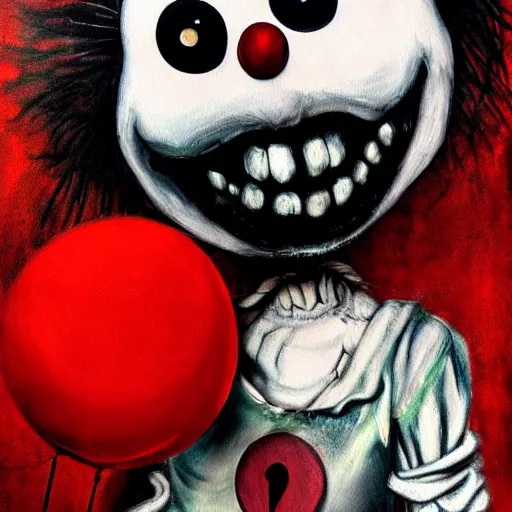 Prompt: grunge painting of elmo with a wide smile and a red balloon by chris leib, loony toons style, pennywise style, corpse bride style, horror theme, detailed, elegant, intricate