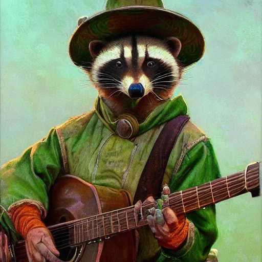 Image similar to racoon bard wearing green tunic holding guitar closeup portrait art by donato giancola and greg rutkowski, vintage retro, realistic face, digital art, trending on artstation, symmetry!!