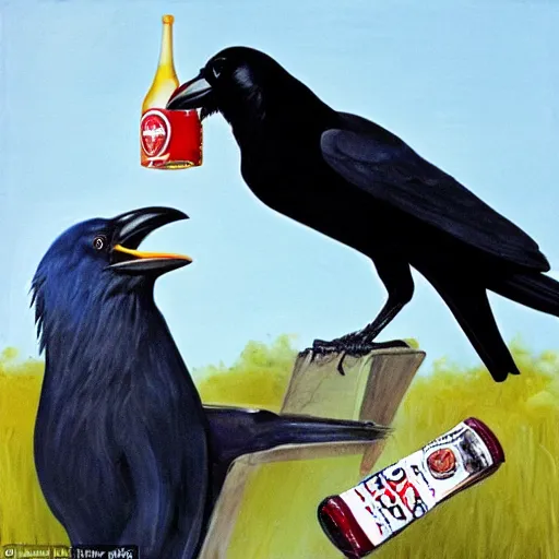 Prompt: a crow cracking open a cold one with the boys