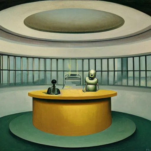 Prompt: robot being reanimated inside a dome - shaped control center, evil lair, grant wood, pj crook, edward hopper, oil on canvas