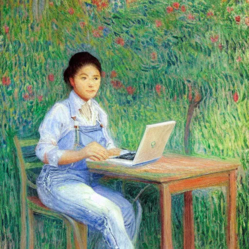 Image similar to philipino young woman with jeans overalls typing on laptop by monet