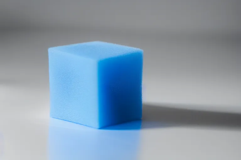 Image similar to single blue cube on white studio floor, soft light, 3 5 mm