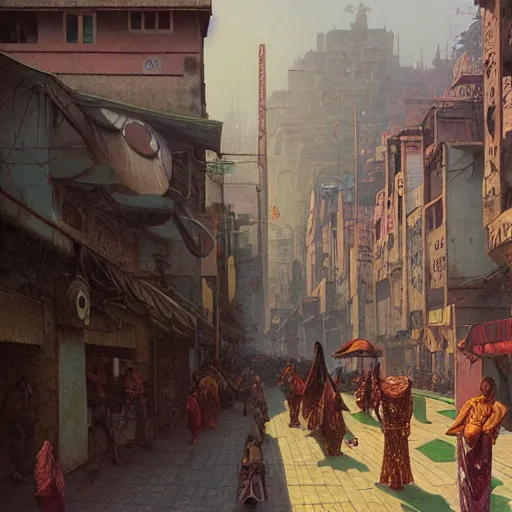 Image similar to art deco streets of the Undying Empire city of ya-Sattra during the Festival of Masks, award-winning realistic painting by Beksinski, Bruegel, Greg Rutkowski, Alphonse Mucha, and Yoshitaka Amano