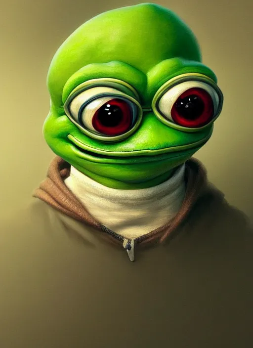 Prompt: depressed small brain pepe the frog!!!, sad, portrait, highly detailed, digital painting, artstation, concept art, wallpaper, smooth, sharp focus, illustration, art by matt furie and artgerm! and greg rutkowski!! and alphonse mucha