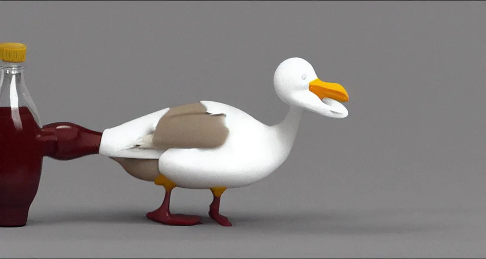 Prompt: seagull drinking a bottle of soy sauce, clay animation, highly detailed