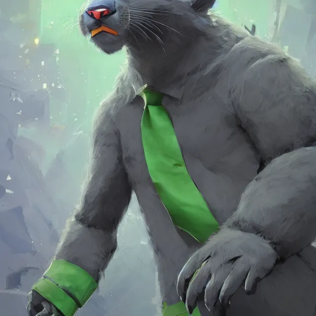 Image similar to a beautiful painting of a handsome anthropomorph panther furry fursona wearing an uniform. gray fur, green and black anime hair. character design by cory loftis, fenghua zhong, ryohei hase, ismail inceoglu and ruan jia. artstation, volumetric light, detailed, photorealistic, rendered in octane