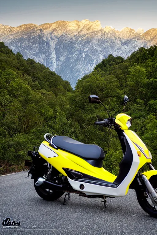 Image similar to yamaha dio with yellow, carbon and white paintjob, mountainroad background, midday, 5 0 ccm engine, race style, custom scooter, dslr, 8 5 mm, f / 1. 3