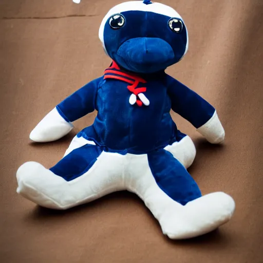 Image similar to stuffed animal frog wearing a sailor suit, plushie photography,