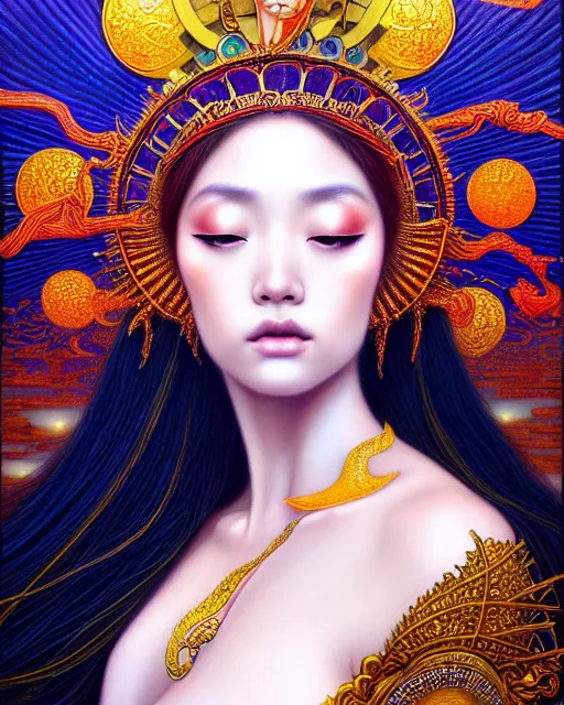 Image similar to portrait of a beautiful sun goddess, enigmatic beauty, esoteric, other worldly colors, head in focus, fantasy art, ornamental aesthetics intricate, elegant, highly detailed, hyperrealistic painting, artstation, concept art, painterly, sharp focus, illustration, art by chie yoshii