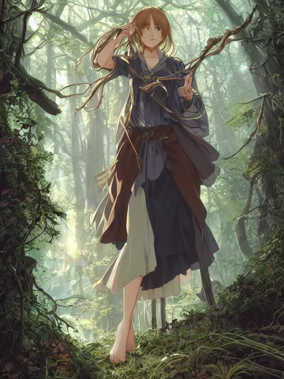 Image similar to anime key visual of writer jk rowling the enchantress with her back to the camera wears harry potter wizard clothes!! intricate, magical forest, stunning, highly detailed, digital painting, artstation, smooth, hard focus, illustration, art by artgerm and greg rutkowski and alphonse mucha