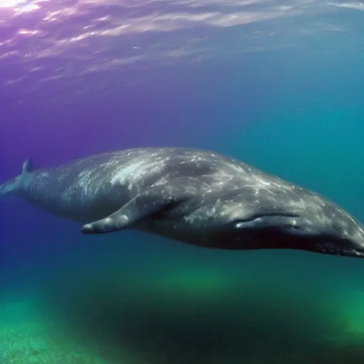 Prompt: underwater ocean, ten whales swimming to the surface, pod, family, calm, photograph, realistic, peaceful, light rays, beautiful, majestic, dapple, camera angle from below, distance,