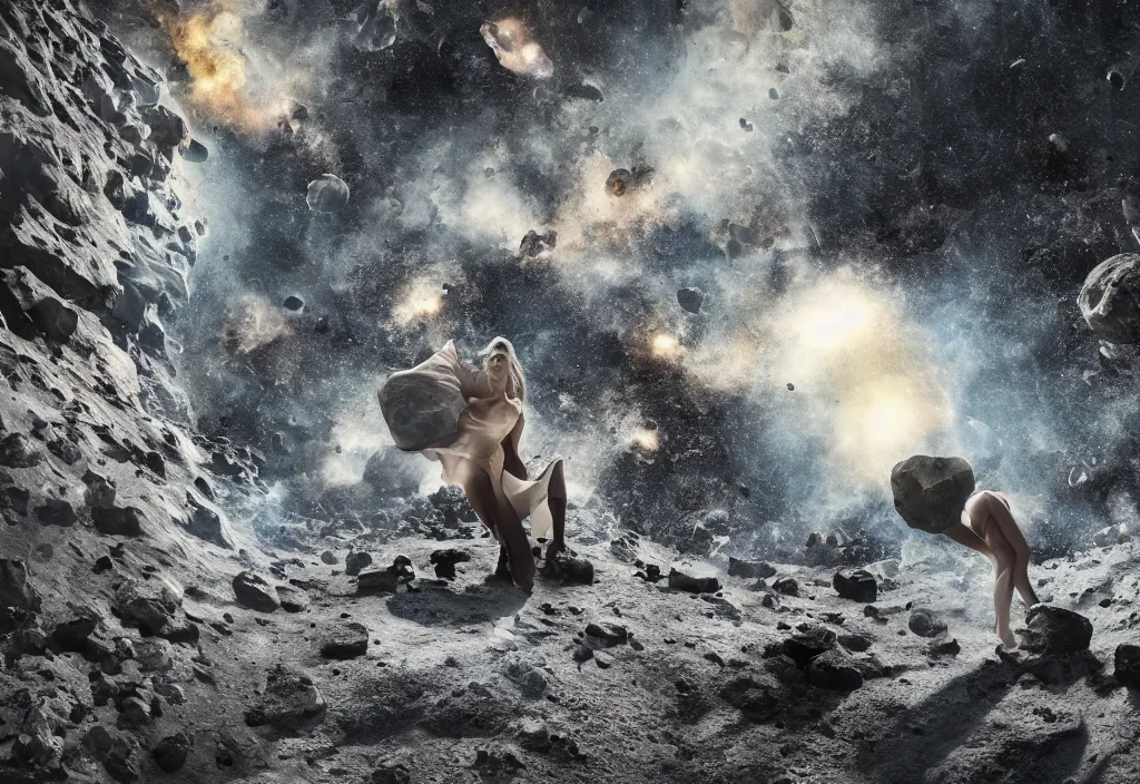 Image similar to fashion editorial of asteroids crashing on earth. gigantic explosions. wide angle shot. highly detailed. depth of field. high definition. 8k. photography.