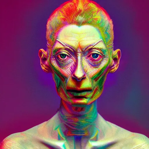 Image similar to a realistic octane render physically based rendering chrome neon tilda swinton, trending on artstation, by archan nair and marlene dumas, intricate details, gilded, in the style of frank auerbach, by kandinsky