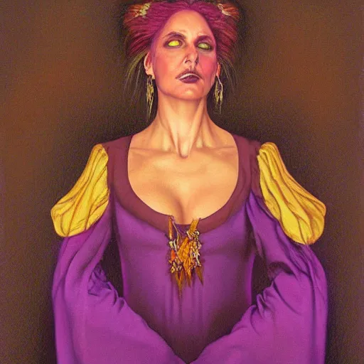 Prompt: portrait of a witch, dressed in purple, gold embroidery, by gerald brom.