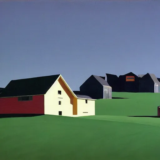 Image similar to dreaming futuristic rural landscape with modern houses, painted by Alex Katz and Edward Hopper, airbrush, highly detailed