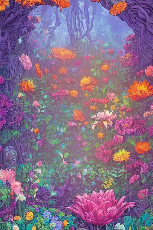 Prompt: forest with flowers blue, Digital Matte painting by Dan Mumford, M.W Kaluta, Lisa Frank vivid