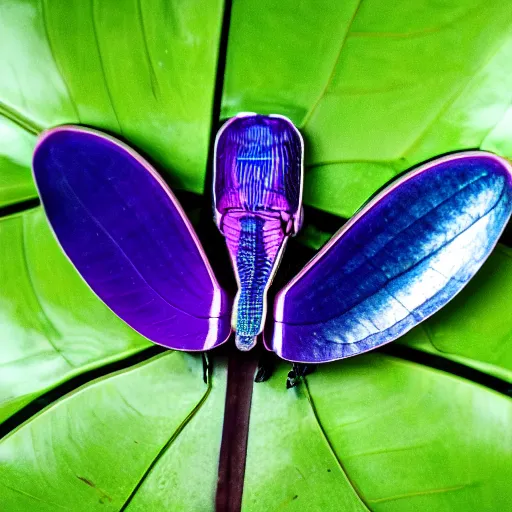 Image similar to an iridiscent scarab walking on top of a monstera leaf, 35mm, f1.8, realistic