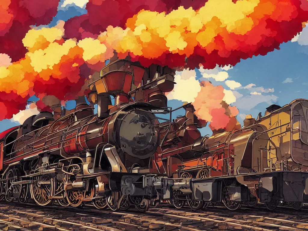 Image similar to cross - section close - up view of a steam anime train, autumn light, colorful, smoke, beautiful, by studio ghibli, digital art, concept art, sharp focus, illustration