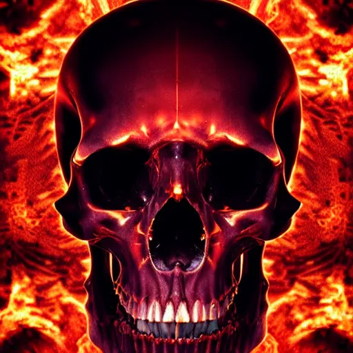 Image similar to a highly detailed human skull with intricate designs on fire in front of a glowing red background, 3 d, fire through eyes, octane render, symmetrical, hyper realism, highly detailed, digital art, artstation, concept art, cinematic lighting, strong bokeh, trending