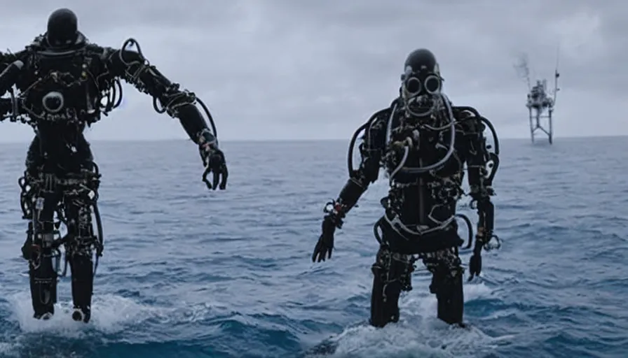 Prompt: Big budget movie about a cyborg demon fighting a deep sea diving suit