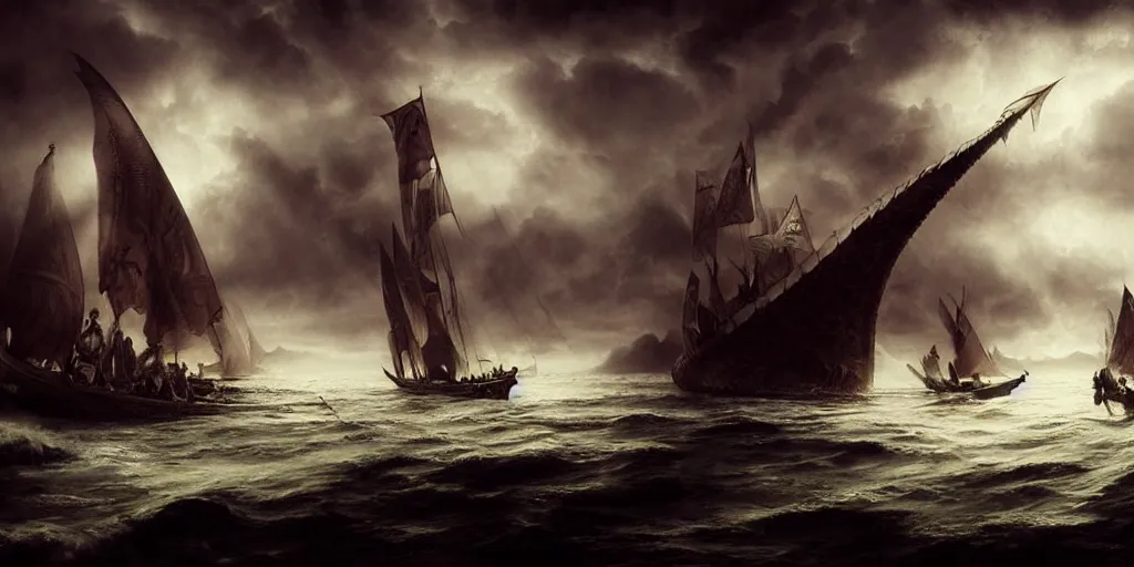 Prompt: vikings sailing a longship, by Rolf Armstrong and Evelyn De Morgan and Bastien Lecouffe-Deharme, dramatic lighting, high contrast colors, baroque, empyrean, panoramic view, as trending on Artstation, highly detailed, doom engine,