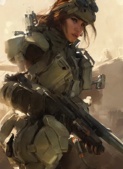 Image similar to of a beautiful sniper girl in war, with some futuristic gear and helmet, portrait by ruan jia and richard s. johnson, detailed, epic video game art, warm color tone