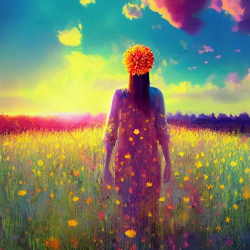 Prompt: girl with a flower head, surreal photography, dream, standing in flower field, magical, in a valley, sunrise dramatic light, impressionist painting, colorful clouds, artstation, simon stalenhag