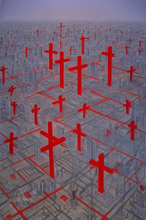 Image similar to Three giant red crosses in the center of a city by Peter Elson