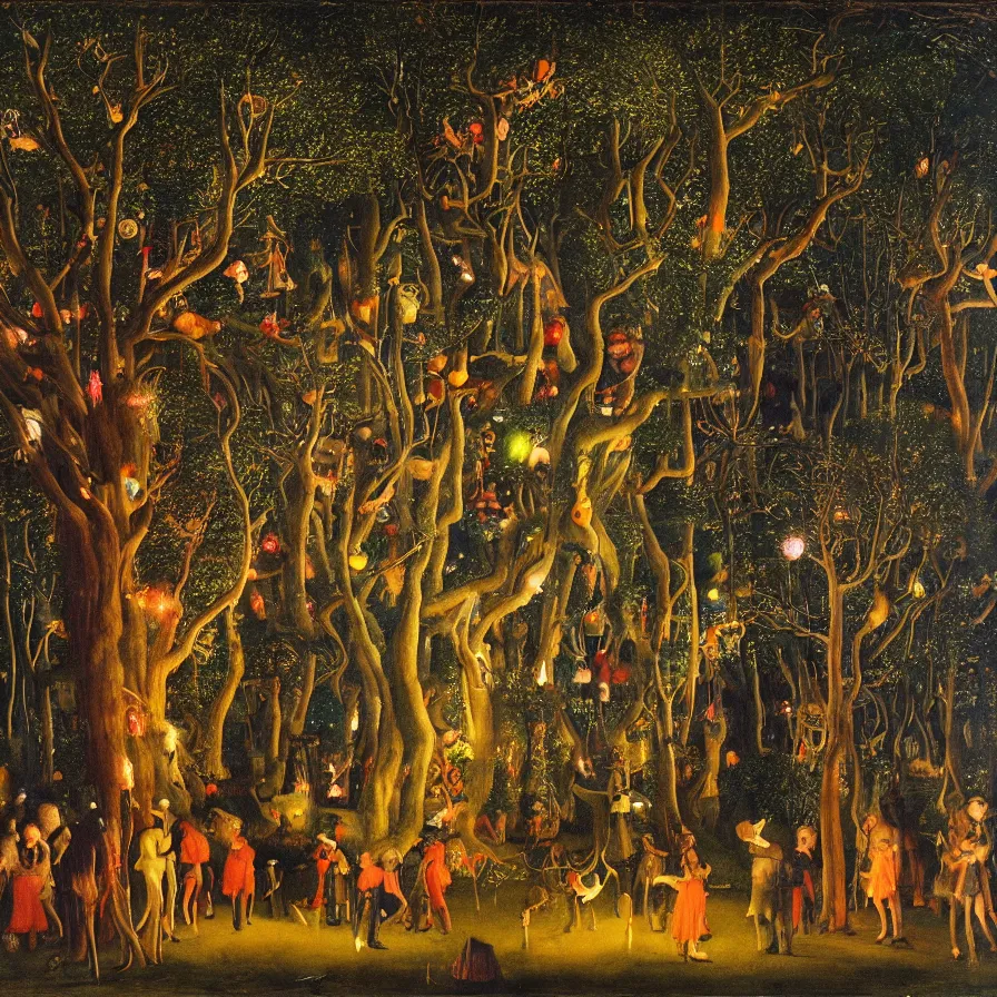 Prompt: a night carnival around a magical tree cavity, with a surreal orange moonlight and fireworks in the background, next to a lake with iridiscent water, christmas lights, folklore animals and people disguised as fantastic creatures in a magical forest by summer night, masterpiece painted by jan van eyck, dark night environment