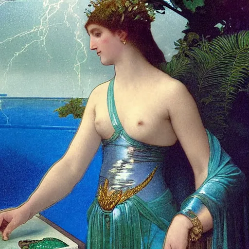 Image similar to Close up of the girl's chalice, refracted sparkles, thunderstorm, greek pool, beach and Tropical vegetation on the background major arcana sky, by paul delaroche, alphonse mucha and arnold böcklin, hyperrealistic 8k, award-winning, very very very detailed