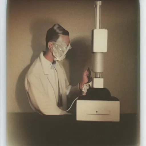 Image similar to a faceless man with a crystal rock as a head and face wearing a lab coat, vintage photography, realistic, 3 5 mm, polaroid, photograph