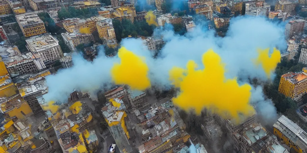 Image similar to kiev city streets covered in yellow and blue smoke, drone photography, by kim keever