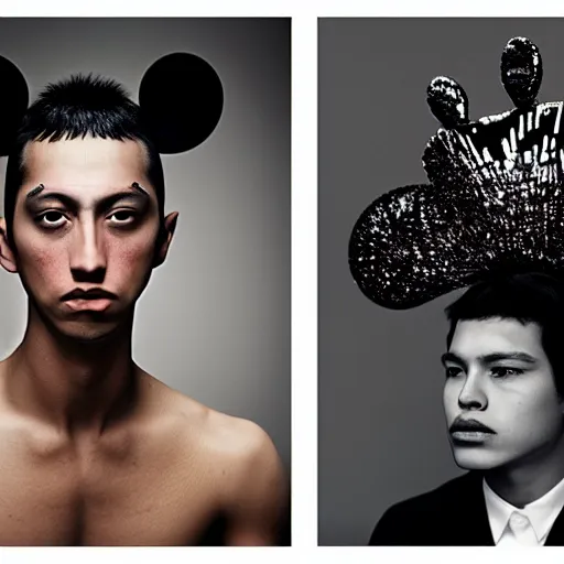 Prompt: a beautiful young mexican male wearing iris van herpen mickey mouse couture, photographed by erwin olaf