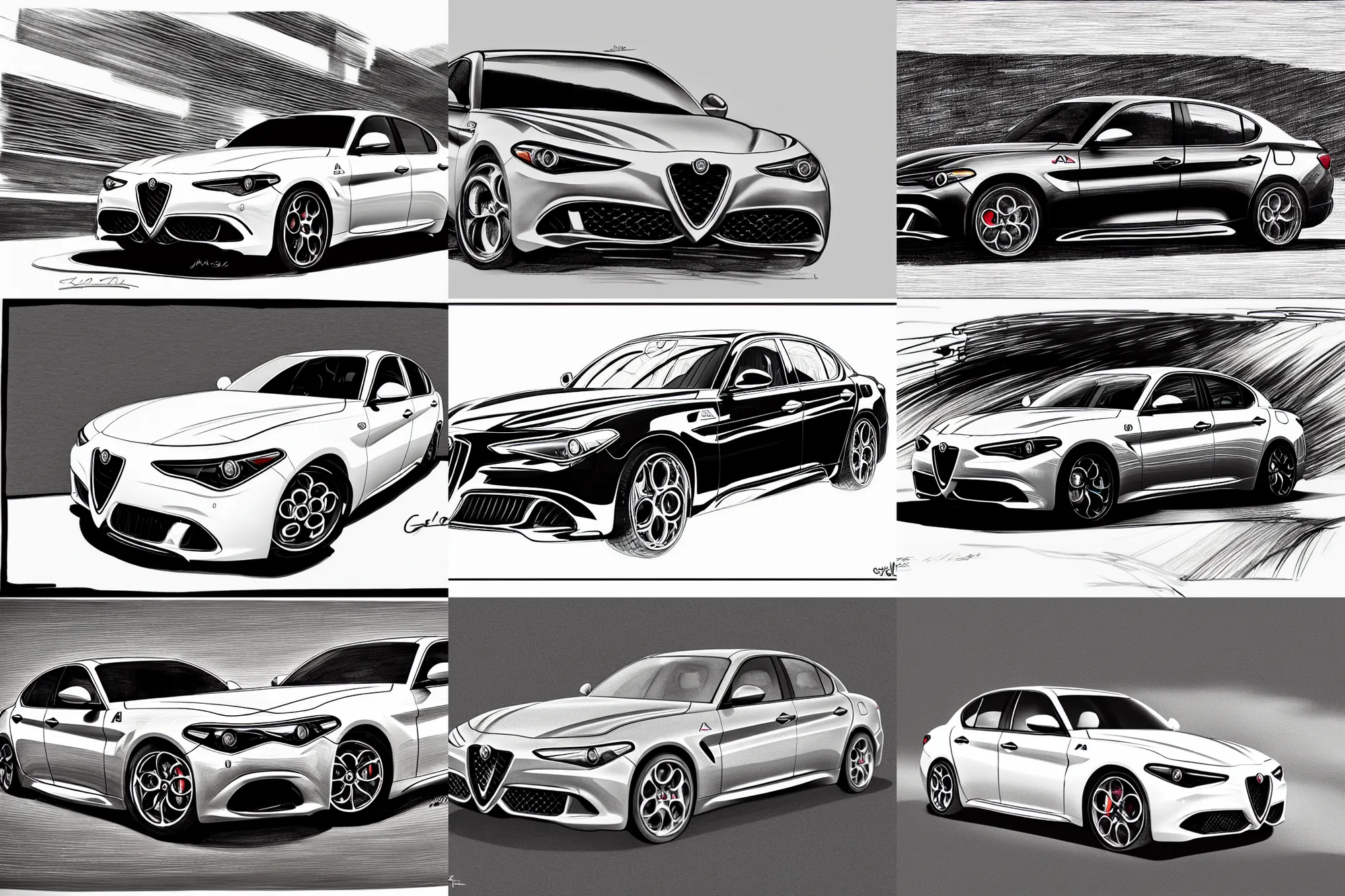 Prompt: Alfa Romeo Giulia, detailed sketch, black and white, front side view