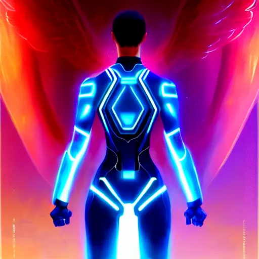 Image similar to tron legacy angel, diffuse lighting, hyper realistic, concept art, intricate, hyper detailed, smooth, sharp focus, illustration, trending on artstation, art by greg rutkowski and james gurney and alphonse mucha