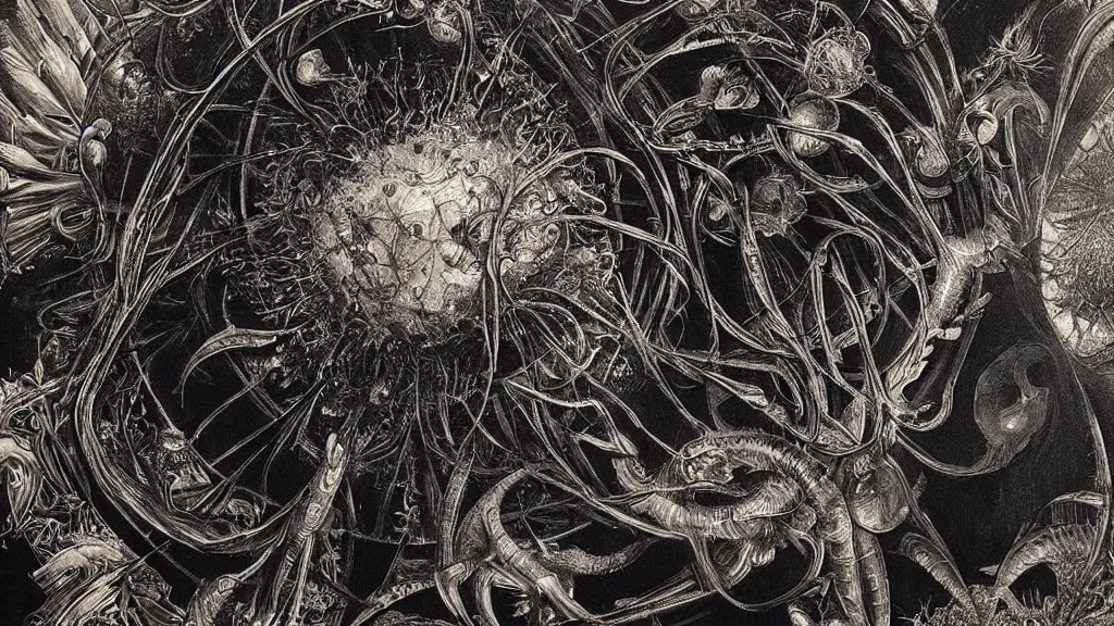 Prompt: a beautiful painting of a coronavirus inside a television screen, dark, sinister, detailed, high contrast, art by Ernst Haeckel and Greg Rutkowski