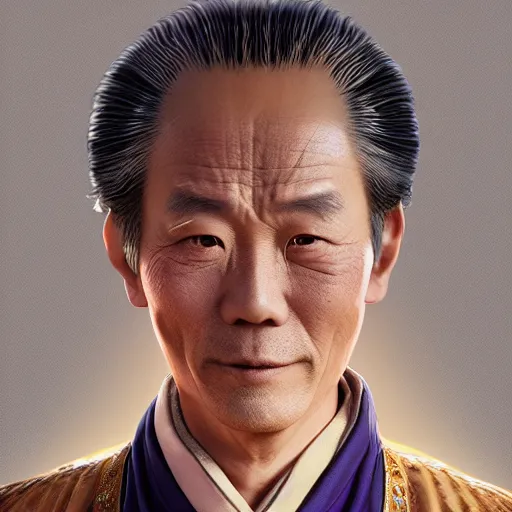 Prompt: portrait painting of a 6 0 year old kind handsome taoist priest ， looks like jie lott ， silver ponytail hair, amiable by yangjun chen ，, nadar, bright colors, octopath traveler, unreal engine 5 highly rendered, global illumination, radiant light, detailed and intricate environment