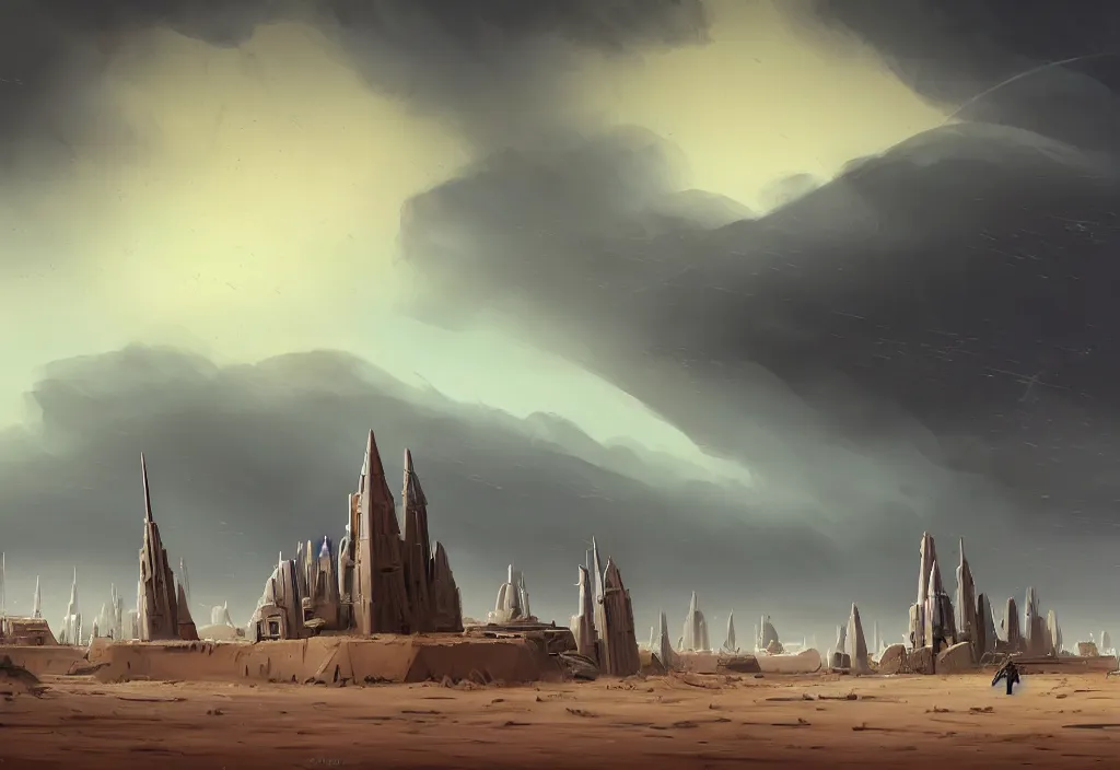 Prompt: one single tall spire military base surrounded by short city buildings and huts, pueblo, stormy cloudy sky, storm, sand storm, rule of thirds, ruins, sand dunes, dune, matte painting, fine brush strokes, desert planet, war, star wars, warhammer 4 0 k, retro futurism, art deco, ralph mcquarrie, simon stalenhag