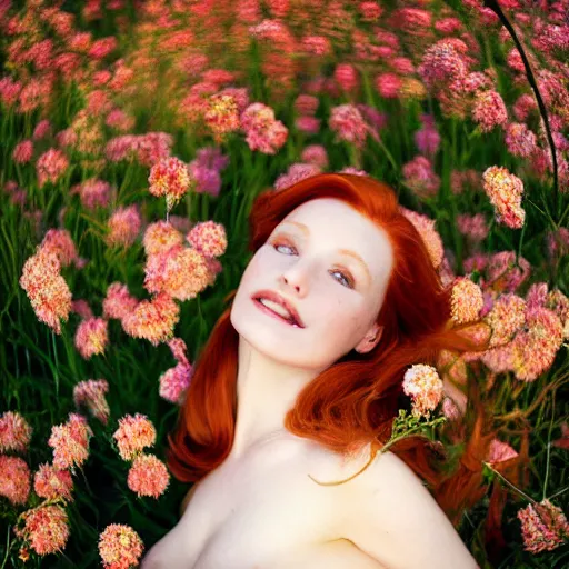 Image similar to Fine art photo of the most beautiful woman, she is redhead, she is posing while maintain a sweet eye contact to the camera, she has a crown of flowers, she has perfect white teeths, she is walking on a river, she is getting ulluminated by the rays of the sunset, the photo was taking by Annie Leibovitz, Ellie Victoria Gale, Steve McCurry, matte painting, oil painting, naturalism, 4k, 8k