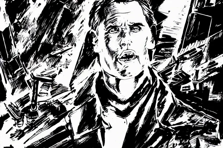 Image similar to jim carrey in the blade runner, a page from cyberpunk 2 0 2 0, style of paolo parente, style of mike jackson, adam smasher, johnny silverhand, 1 9 9 0 s comic book style, white background, ink drawing, black and white